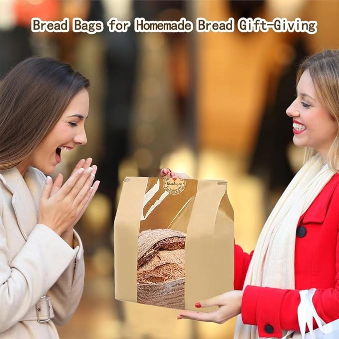 100 Pcs(13.7x8.2x3.5 in) Paper Bread Bags for Homemade Bread, Sourdough Bread Bags with Window, Sourdough Storage Bags for Bread Packaging includes 500 Cute Seal Stickers