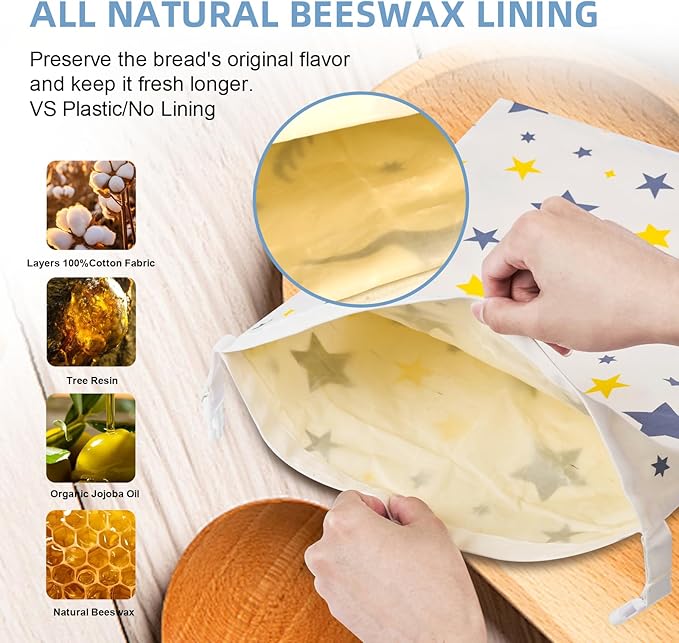 2 Pack Beeswax Bread Bags for Homemade Sourdough Bread - XL Reusable Cotton Food Storage Bags- Eco Friendly Keep Fresh