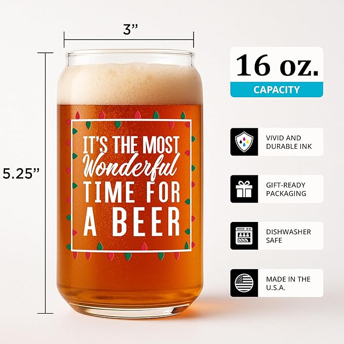 On The Rox Most Wonderful Time for a Beer- Red, Green and White- 16 Ounce Glass- Ideal for Men and Women - Funny Glass (Most Wonderful)