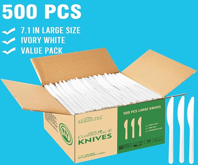 Compostable Knives 500 Count, 7 In Large Disposable Biodegradable Flatware, Eco Friendly Durable Heat Resistant Cutlery Silverware Alternative to Plastic Knives, BPI Certified