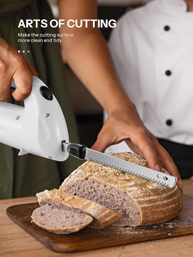 Reemix Electric Knife With Handle, 150W Powerful Electric Knife Set for Carving Meats, Poultry, Bread, Serving Fork and 2 Carving Blades Included (White with Handle)