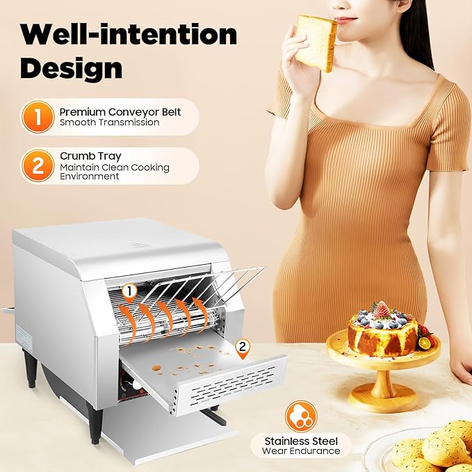 300 Slices/Hour Commercial Conveyor Toaster, Stainless Steel Bread Toaster with 1-7 Levels Adjustable Speed & Temperature Control for Coffee Shops, Bakeries 16.42 * 14.37 * 15.27 Inch