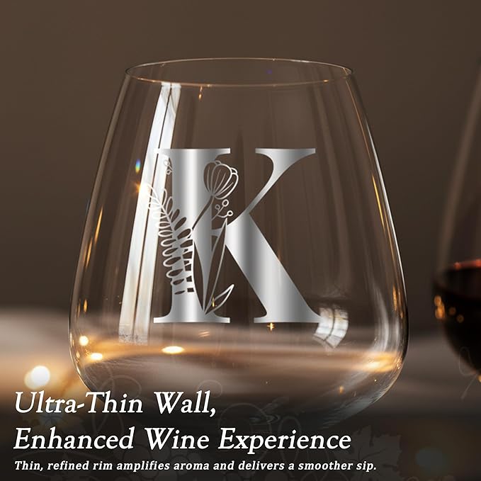 Monogrammed Crystal Wine Glass for Women Day Christmas Xmas Birthday Great Gift Mom Grandma Mimi Nana Gi Grandmother Big Sister Law God Mother Aunt Artist Premium Practical Retirement Letter Present,K