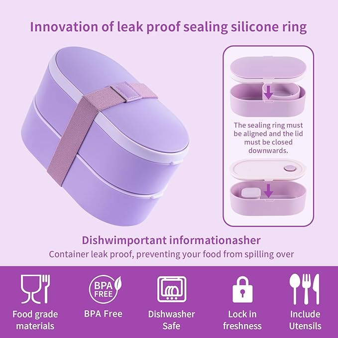 Bento Lunch Box Set -2 Stackable Adult And Women's Lunch Boxes - Including Lunch Bag, Leak Proof And Bisphenol Free A - Built-In Cutlery Set - Dishwasher Safe (Purple)