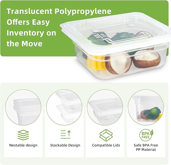 6-Pack Food Pan with Lids, 1/6 Size Food Storage Containers for homes, schools, restaurants, hotels Meal Prep, -40℉-160℉, Stackable, Freezer-Safe (1/6 size 2.5 inch deep, 1.1L/1.1QT)