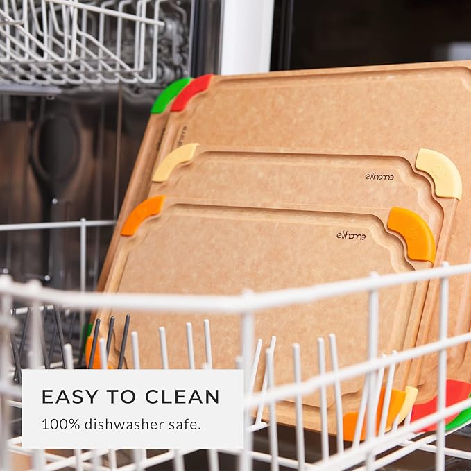 Elihome Premium Series 3-in-1 Kitchen Cutting Board Set, Non Slip Feet, Color Coded with Food Icon, Natural Wood Fiber, Dishwasher Safe, Eco-Friendly, Juice Grooves,Non Porous, BPA Free, Made in USA
