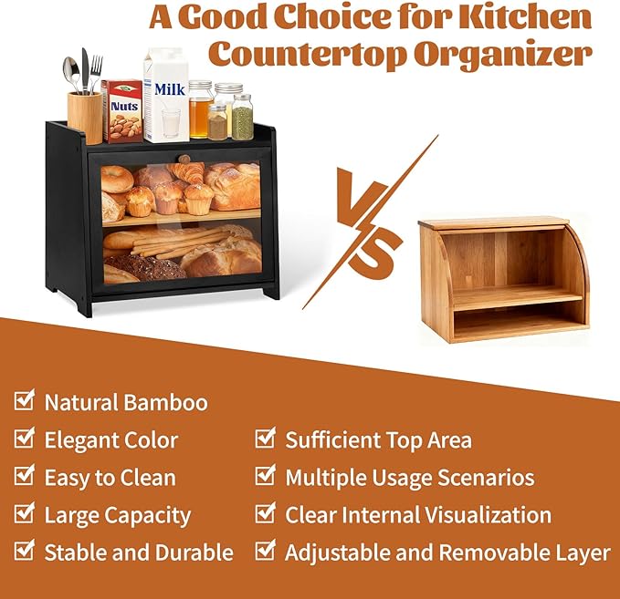 Bamboo Bread Box for Kitchen Countertop, Double Layer Large Capacity Bread Storage Cabinet with Removable Cutting Board, Farmhouse Breadbox Container Organizer Bins for Pantry Shelf Cupboard (Black)
