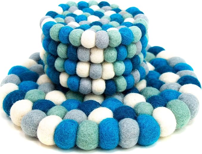 Global Crafts Hand Crafted Felt Ball Wool Trivet Mat from Nepal, 8" Round Pad, Blue Ice