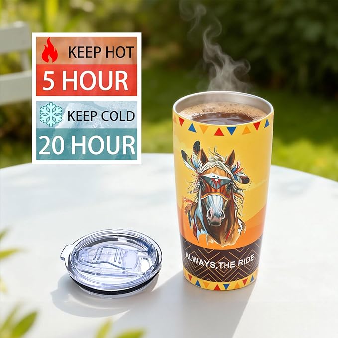 20oz Stainless Steel Double Vacuum Insulated Tumbler | Western Indian Tribe Horse Art, Leak-Proof Travel Mug Cup for Hot/Cold Drinks (5H Hot, 20H Cold)