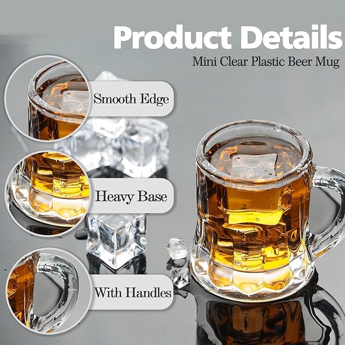 Mini Beer Mugs, 20 Pcs Real Glass Shot Glasses, 1 Oz Clear With Handles Heavy Base Stein Tasting Glasses for Whiskey, Tequila, Vodka