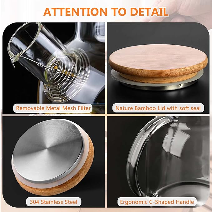Glass Tea Pot Kettles Stovetop Safe, 50.7oz/1500mL Heatproof Borosilicate Glass Teapot Water Pitcher With Bamboo Lid and Removable Filter Spout for Loose Leaf and Blooming Tea
