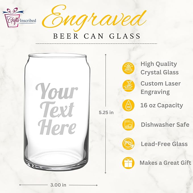 Gifts Inscribed Personalized Beer Can Glass 16 oz – Engraved Pint Glass Custom Text – Unique Gift for Men, Dad, Groomsmen, Weddings, Birthdays, Father’s Day
