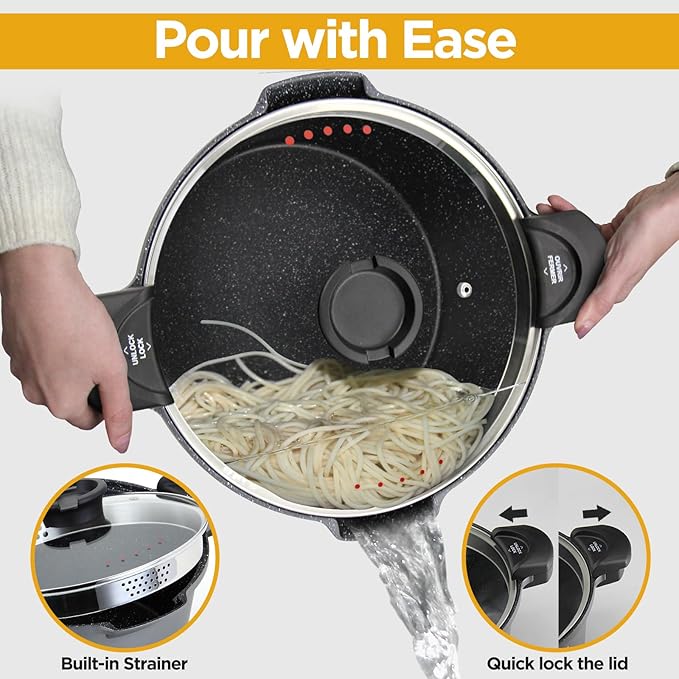 ROSSETTO 5QT Pasta Pot with Strainer Lid, 9.5'' Cast Aluminum Nonstick Multipurpose Stock Pot Spaghetti, Self-Draining Cooking Pot with Insulated Handles for Soup, and Boiling