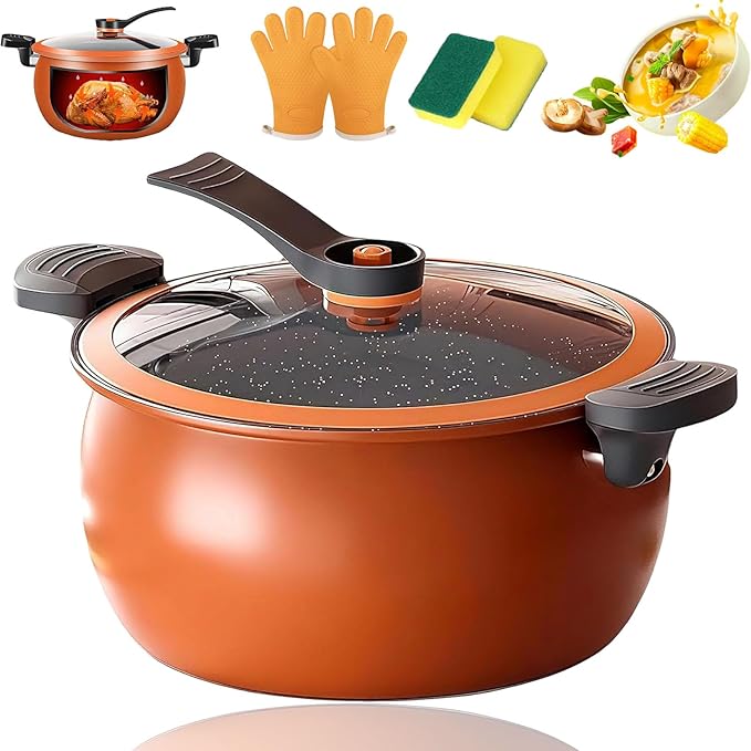 8QT Multifunctional Large Capacity Non-Stick Pressure Cooker, Microwave Pressure Cooker With Visible Transparent Glass Cover, Fast Cooking Cookware, Universal Stew Pot For Meals Soups Stews (Orange)