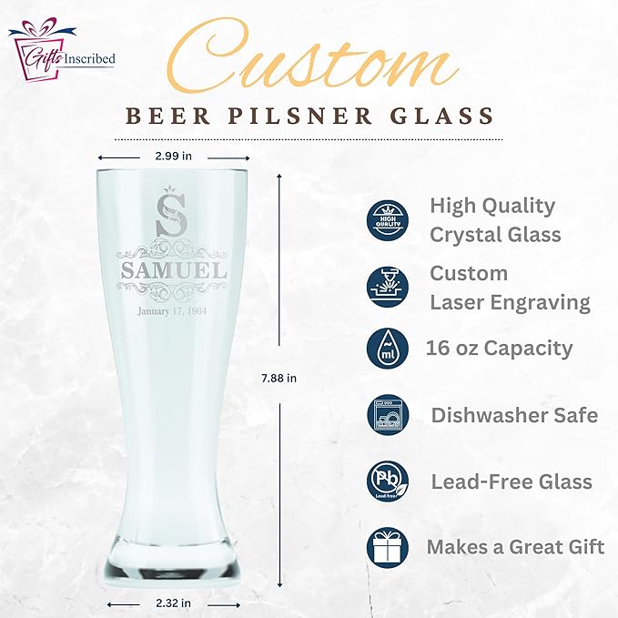 Gifts Inscribed Personalized Beer Can Glass 16oz – Custom Laser Engraved Drinking Glass – Unique Glassware Gift for Birthday, Wedding, Anniversary, Fathers Day (Custom Designs, Beer Pilsner)