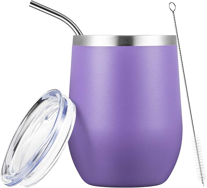 COMOOO Stainless Steel Wine Tumbler with Lid and Straw 12oz Double Wall Vacuum Insulated Travel Tumbler Cup Stemless for Hot and Cold Drinks, Coffee, Wine, Cocktails, Purple