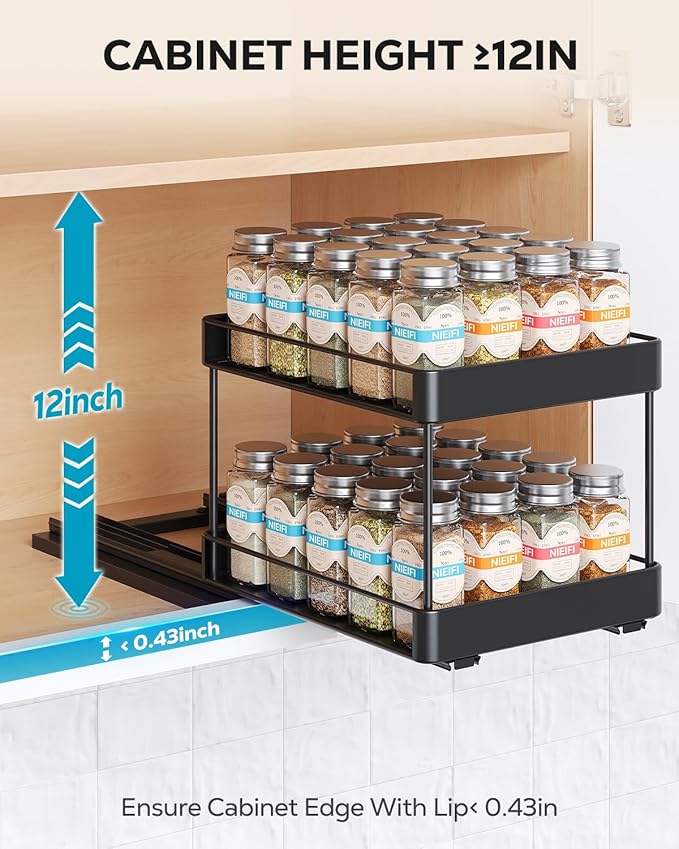 Nieifi Spice Rack Organizer for Cabinet, Vertical Spice Rack Pull Out, Easy to Install, Metal, 8.5''Wx10.35''Dx8.4''H, 2 Pack, 2 Tiers(Black)