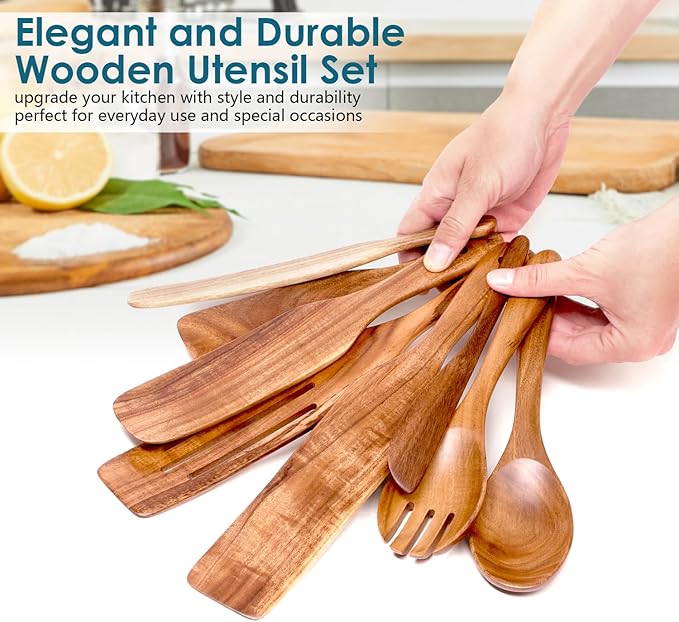 Wooden Spurtle Set, Spurtle Spatula, 8-Pcs Natural Acacia Wood Cooking Tools – Wooden Kitchen Utensils Set with Smooth Finish Comfort Grip, Nonstick Safe Non-Toxic Wood Cooking Spoons by HOWHONG