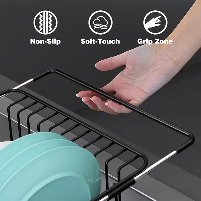 Dish Drying Rack in Sink: Expandable, 3-Slot Utensil Holder, Anti-Slip Handle. Small Dish Rack: Ideal for Small Households. Kitchen Drying Rack: Black