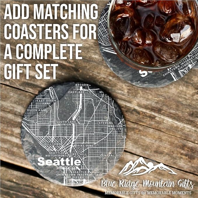 Blue Ridge Mountain Gifts - Seattle Souvenir - Washington Glassware Gift, Etched City Map, Laser Engraved and Dishwasher Safe