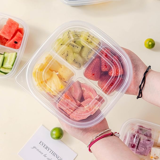 70 Pack Clear Bento Boxes 4 Compartment, Reusable Lunch Snack Containers with Lid, Food Storage Meal Prep Divided Containers with 200 pcs Fork for Camping, Lunch, Work, Travel