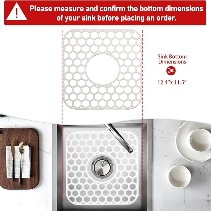 Silicone Sink Protectors for Kitchen Sink - 12" x 11" Kitchen Sink Grid Accessory, Non-Slip Heat-Resistant Mat for Bottom of Porcelain Stainless Steel, Dishwasher Safe (White)