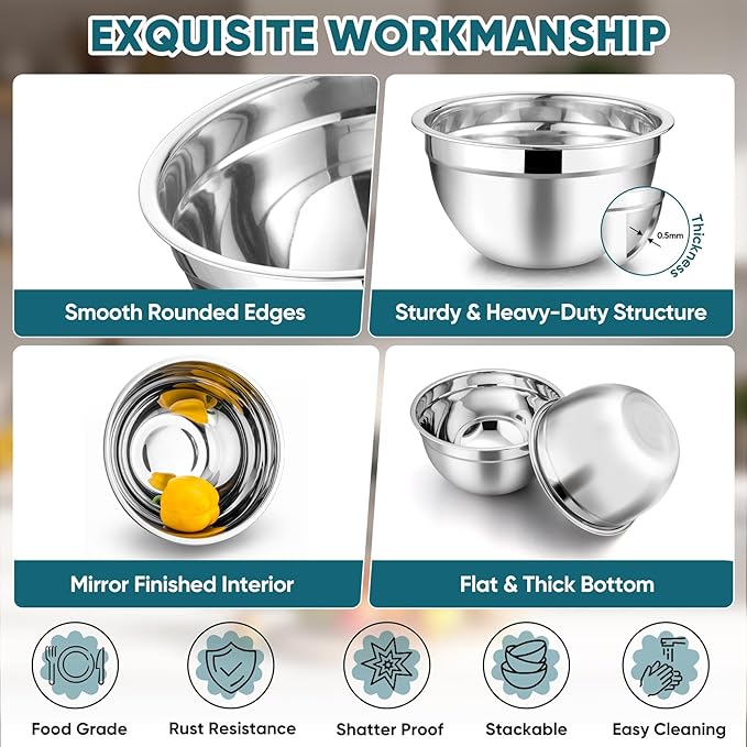 TeamFar Mixing Bowl Set of 5, Stainless Steel 4.5/3/1.5/1/0.7 QT Metal Nesting Salad Bowls with Lids, Ideal for Mixing Serving Tossing, Non-Toxic & Sturdy, Airtight Lid & Easy Clean, Blue