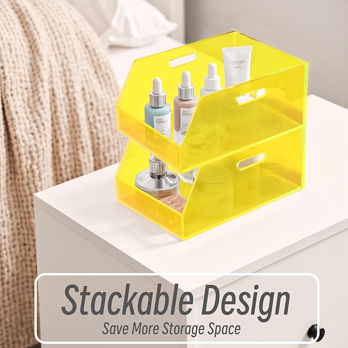 Gelite Stackable Storage Bin Organizer with Handles Acrylic Storage Container for Toy Pantry Kitchen Cabinet Bathroom Closet Office Organization, 11.4x7.5x5.1'', Neon Yellow