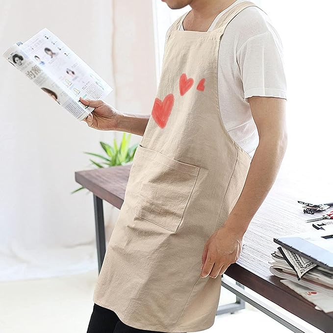 Cotton Linen Apron Non-tie Cross Back Kitchen Apron with Pockets Soft Comfortable Durable for Cooking Baking Gardening (Khaki,Heart)