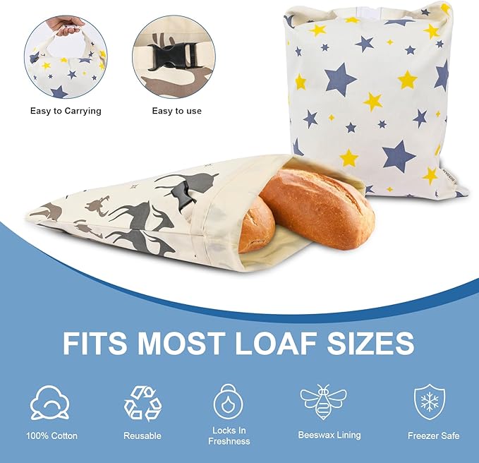 2 Pack Beeswax Bread Bags for Homemade Sourdough Bread - XL Reusable Cotton Food Storage Bags- Eco Friendly Keep Fresh