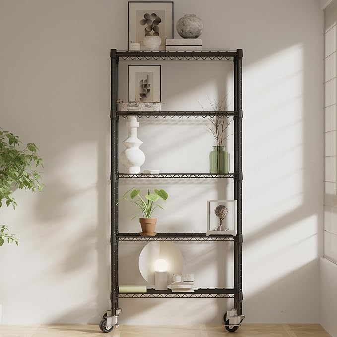 5 Tier Wire Shelving with Wheels Casters, 750 lbs Heavy Duty Storage Shelves Metal Shelving, Rolling Adjustable Shelving Unit Wire Rack for Kitchen, Garage, Pantry 14" D x 30" W x 60" H