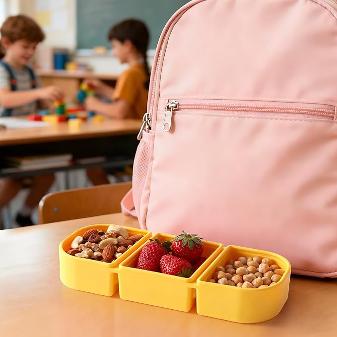 Silicone Snack Containers for Kids, 3-Compartment Reusable Small Snackle Box with Airtight Lids for Lunchable, Sauce, School, Travel, Work（1Pack-14oz）