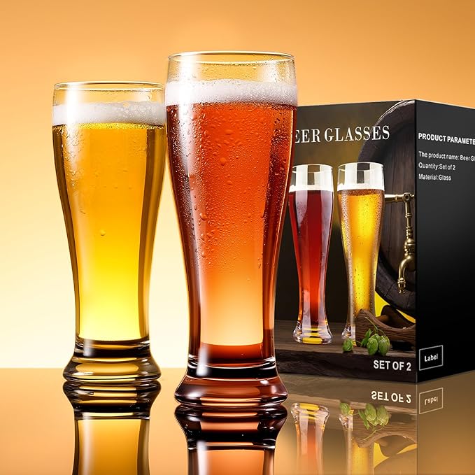 Beer Glasses Set of 2, 14 oz Pilsner Beer Pint Glasses, Classics Craft Wheat Beer Glasses Drinking Set, Beer Mug Glassware Gift for Men