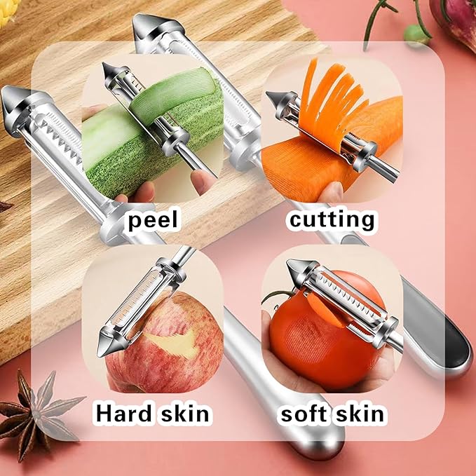 3-in-1 Multifunction Vegetable Peeler, Zinc Alloy Potato Peeler with Stainless Steel Blades, Serrated Peeler & Julienne Slicer, Comfort-Grip Handle for Fruits, Carrots, Cucumber, Kitchen Tools