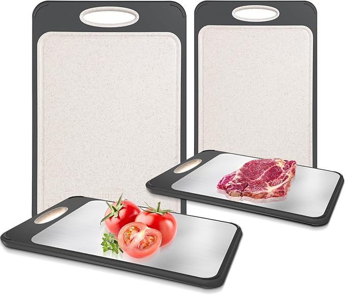 Patelai 2 Pack Stainless Steel Cutting Board Double Sided Cutting Board Large 304 Stainless Steel Wheat Straw PP for Kitchen Chopping, Easy to Clean (14 x 9.6 Inch,15.7 x 10.6 Inch)