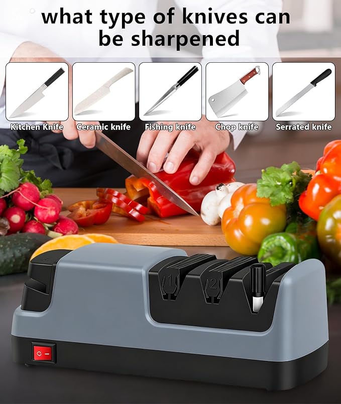 Professional Electric Knife Sharpener – Precision Sharpening for Kitchen Knives, Scissors & More – Diamond Abrasives & 3-Stage System (Grey)