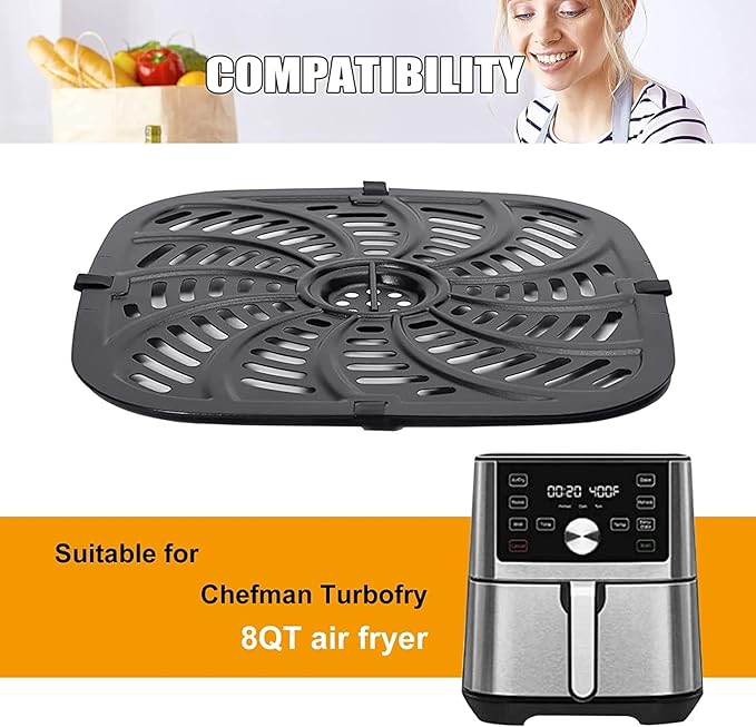 Air Fryer Grill Pan for Chefman TurboTouch Easy View Air Fryer 8 QT, Food Grade Non-Stick Air fryer Accessories Replacement Tray Rack Parts Grill Crisper Plate with Rubber Bumpers, Dishwasher Safe