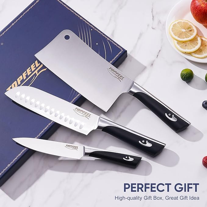 Butcher Knife Meat Cleaver Set 3Pcs-7" Heavy Duty Bone Chopper& 7" Santoku Knife& 5" Utility Knife, German Stainless Steel Chef Knives Set for Kitchen Home Gift