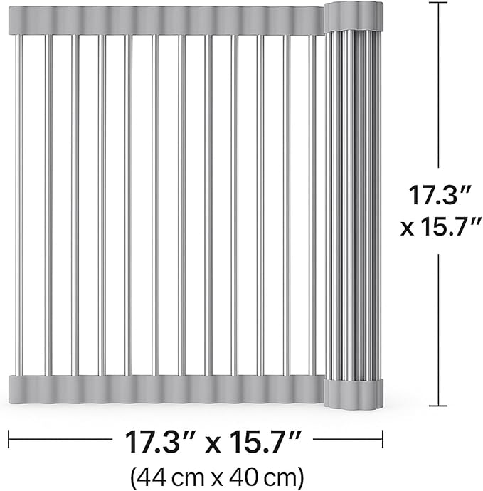Roll Up Dish Drying Rack – Stainless Steel & Silicone Over Sink Mat, Foldable Kitchen Counter Organizer – Includes Mini Silicone Oven Mitts (Gray)