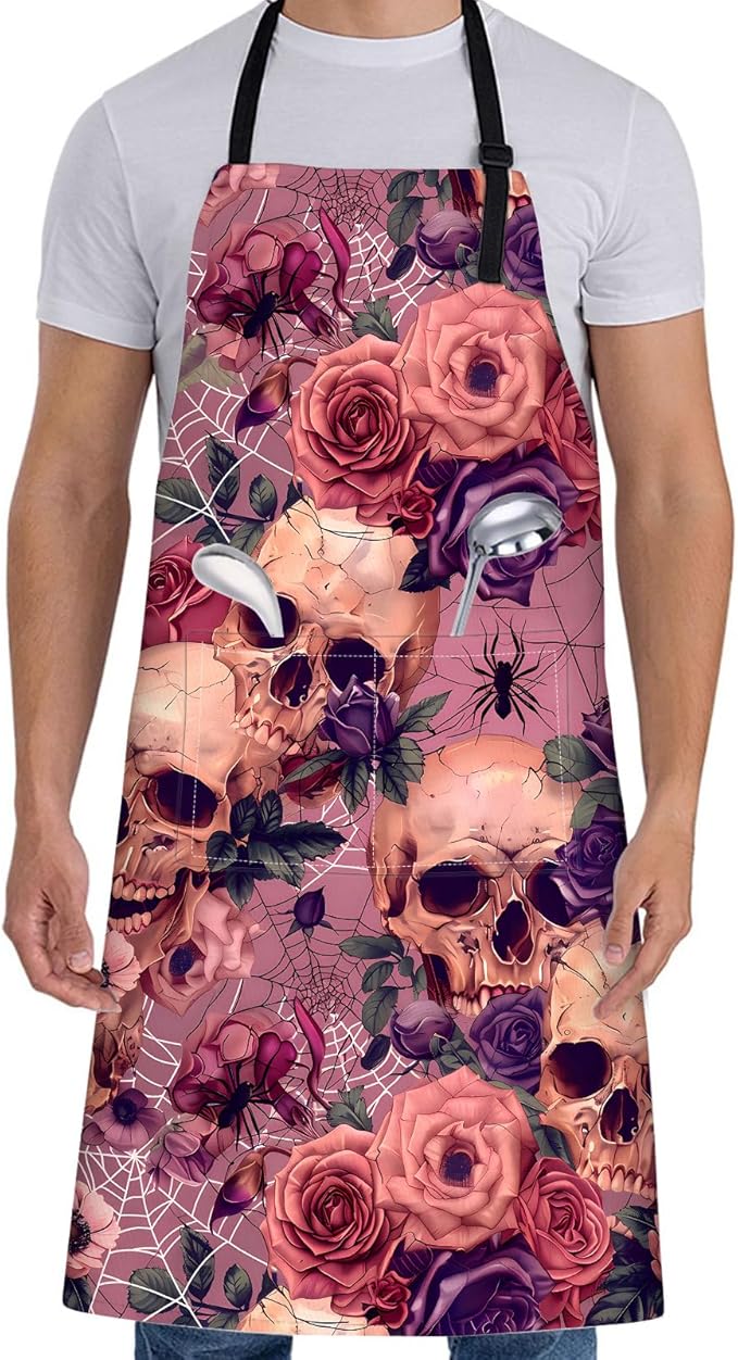 Gothic Apron for Women with Spider Web,Skull,Rose,28x33in,Goth Kitchen Aprons with 2 Pockets, Oxford Fabric,Halloween Adjustable Apron for Cooking Baking Gardening Chef,Gifts for Mom Wife