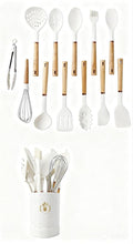 Silicone Cooking Utensils Set, Kitchen Utensils Set 13 Pcs for cooking, BPA Free Spatula Set with Heat Resistant Wood Handles for Nonstick Cookware (White)