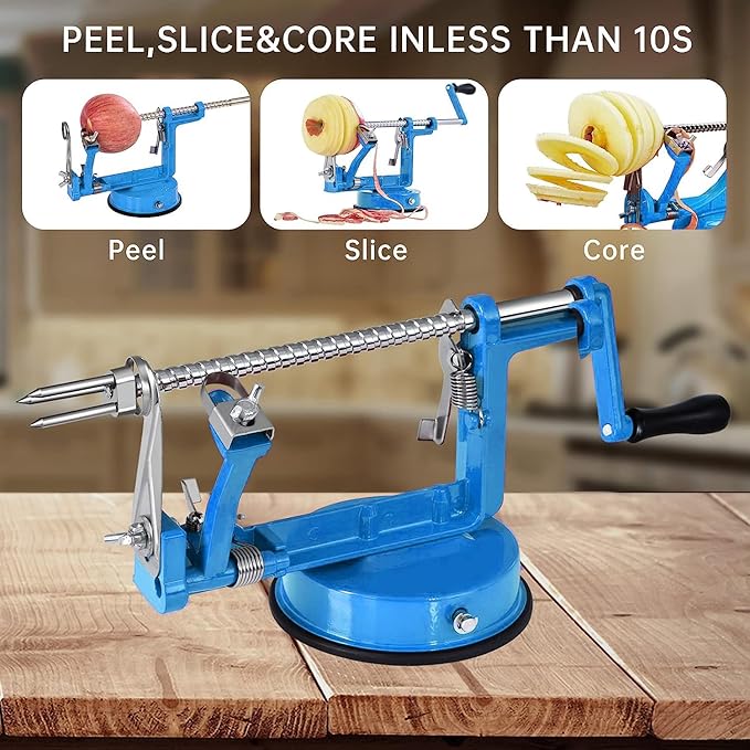 Apple Peeler, Slicer Corer Potato Peelers 3 In 1, Stainless Steel Heavy Duty with Suction Cup Base (Blue)