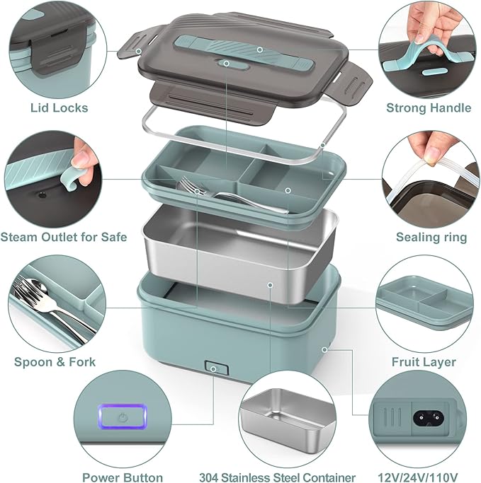 Electric Heated Lunch Box for Car Truck Home 1.8L 100W Portable Food Warmer with 12V/24V/110V/220V Hot Meal for Work Travel Jobsite Camping Christmas Gifts White Elephant Gifts for Adults/Men/Woman