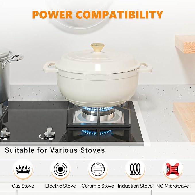 ROVSUN Enameled Cast Iron Round Dutch Oven, 6QT Pot with Lid &Dual Handles with Silicone Gloves,Oven Safe up to 500°F, Heavy-Duty Pre-Seasoned Cookware for Bread Baking, Braising, Stews, Roasting, Cream White