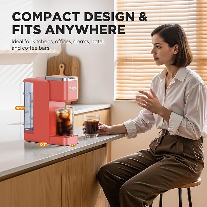 Single Serve Coffee Maker, Iced and Hot Coffee Machine for K Cup & Grounds, Compact Design, 40oz Removable Water Reservoir, 6 to 24 Oz Brew Sizes, Fits 7.3" Travel Mug, Salmon