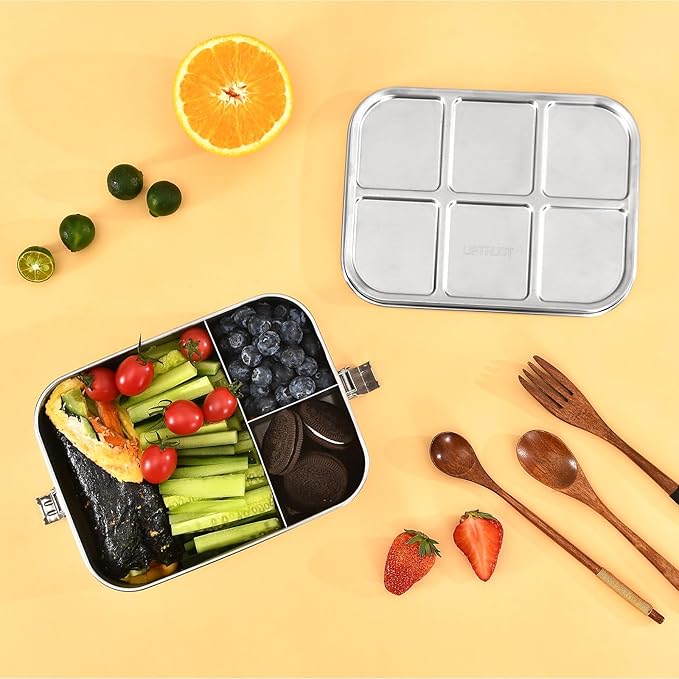 UPTRUST Stainless Steel Bento Lunch Box, 3-Compartment Large 1400ML Metal Bento Box for Kids or Adults, Container with Lockable Clips to Leak Proof