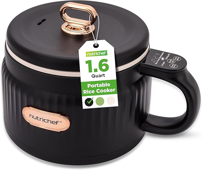 NutriChef 1.6 QT Portable Electric Rice Cooker & Lunch Maker | Multi-Functional & Non-Stick Ceramic Coating | Digital Control Panel | 6 Cook Functions: Rice, Soup, Stew, Porridge & More | Black