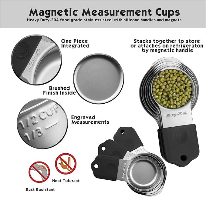 Magnetic Measuring Cups Set, 7 Pieces 18/8 Stainless Steel Stackable Nesting Heavy Duty Metal Measure Cups, Silicone Handle kitchen Tools for Dry and Liquid Ingredients, Dishwasher Safe (Black）