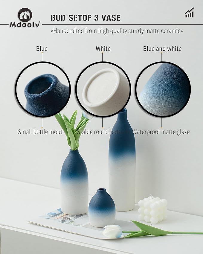 Blue and White Vase Set Navy Blue Decor Coastal Decor Vases for Kitchen Island Living Room Office Table Fireplace Mantle Decorations & Bathroom Shelf Decor Centerpiece Table Decorations Ceramic