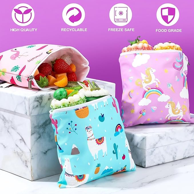 Chumia 6 Pcs Reusable Snack Bags Christmas Gifts Food Safety Washable Snack Bags Lunch with Zipper Portable Sandwich Bag Food Storage Pouch Double Layer(Cute,7 x 7 Inches)